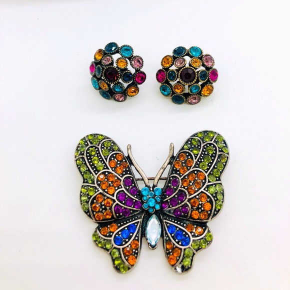 Vintage Rhinestone Earrings & Butterfly Brooch - Picture 3 of 5